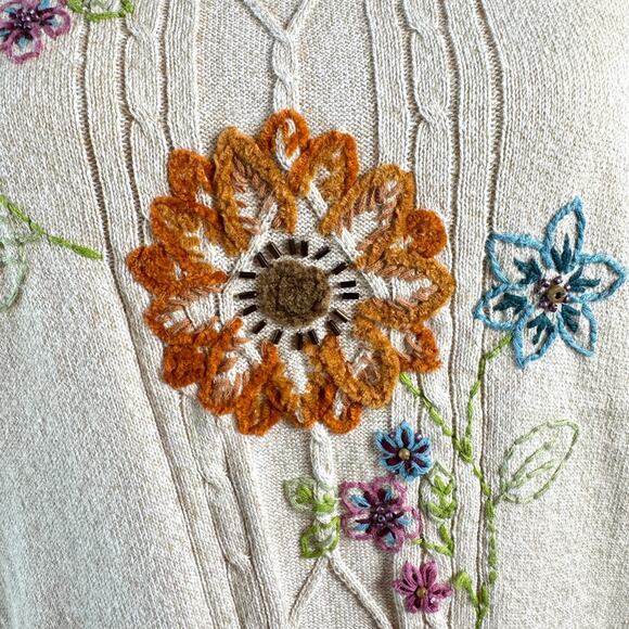 Alfred Dunner Embroidered Beaded Beige Fall Floral Cable Knit Womens XL Sweater - Picture 6 of 8